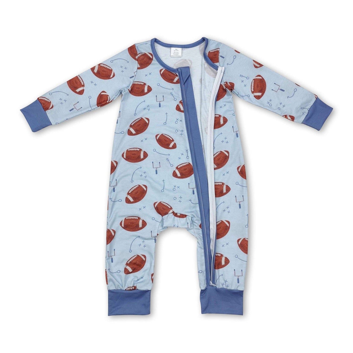 Light blue football long sleeves bamboo zipper romper: