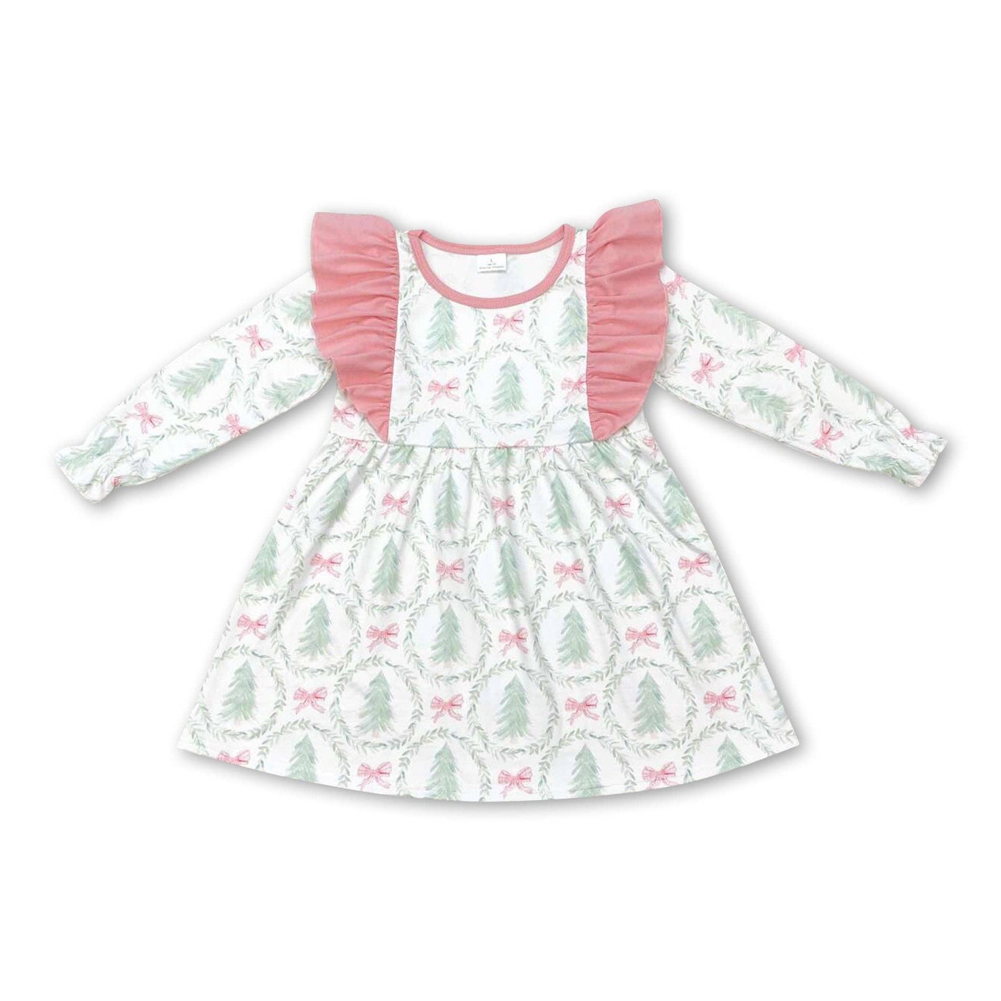 Pink long sleeves Christmas tree bow baby girls dress