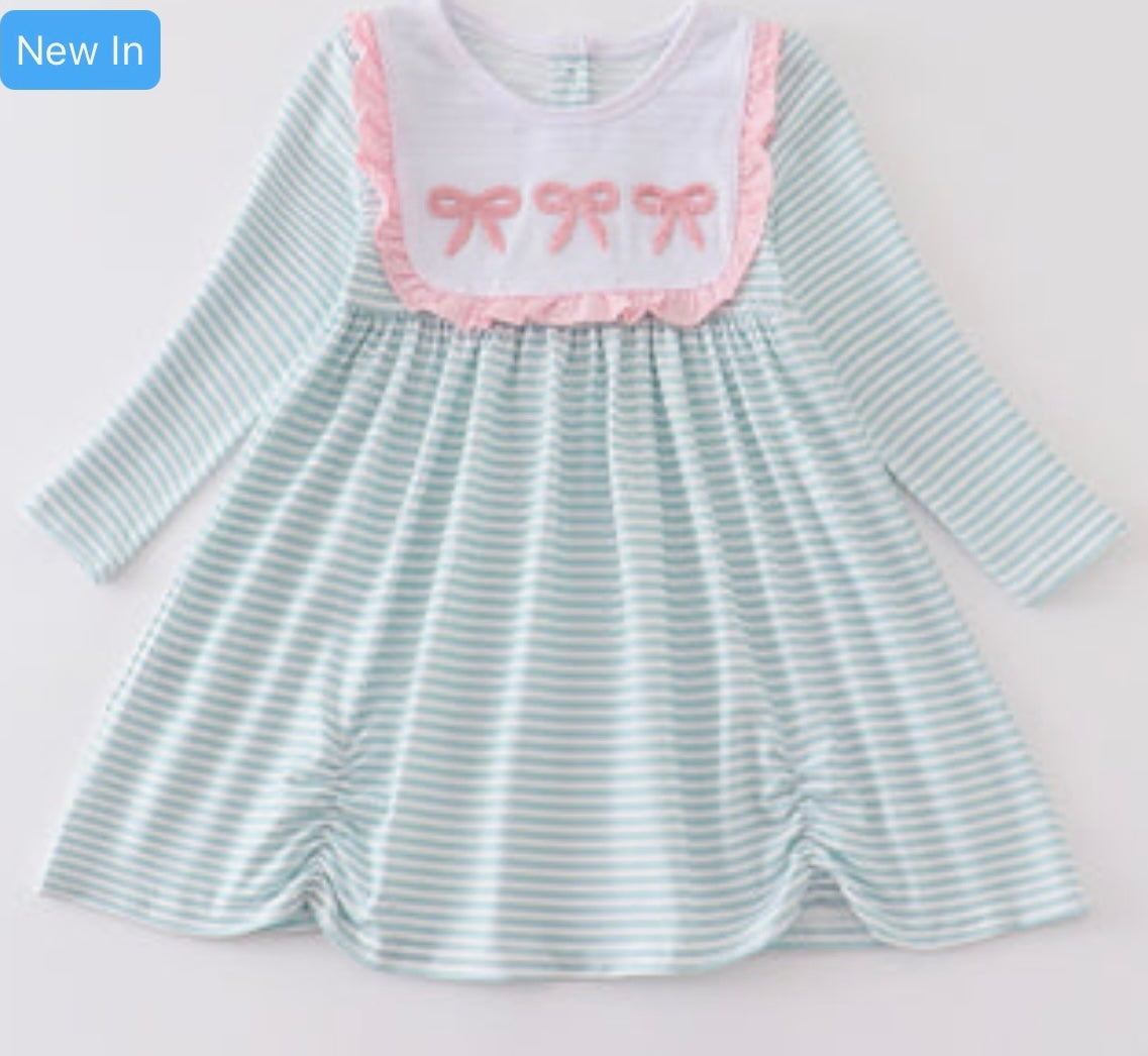 Green Stripe Bow French Knot Dress