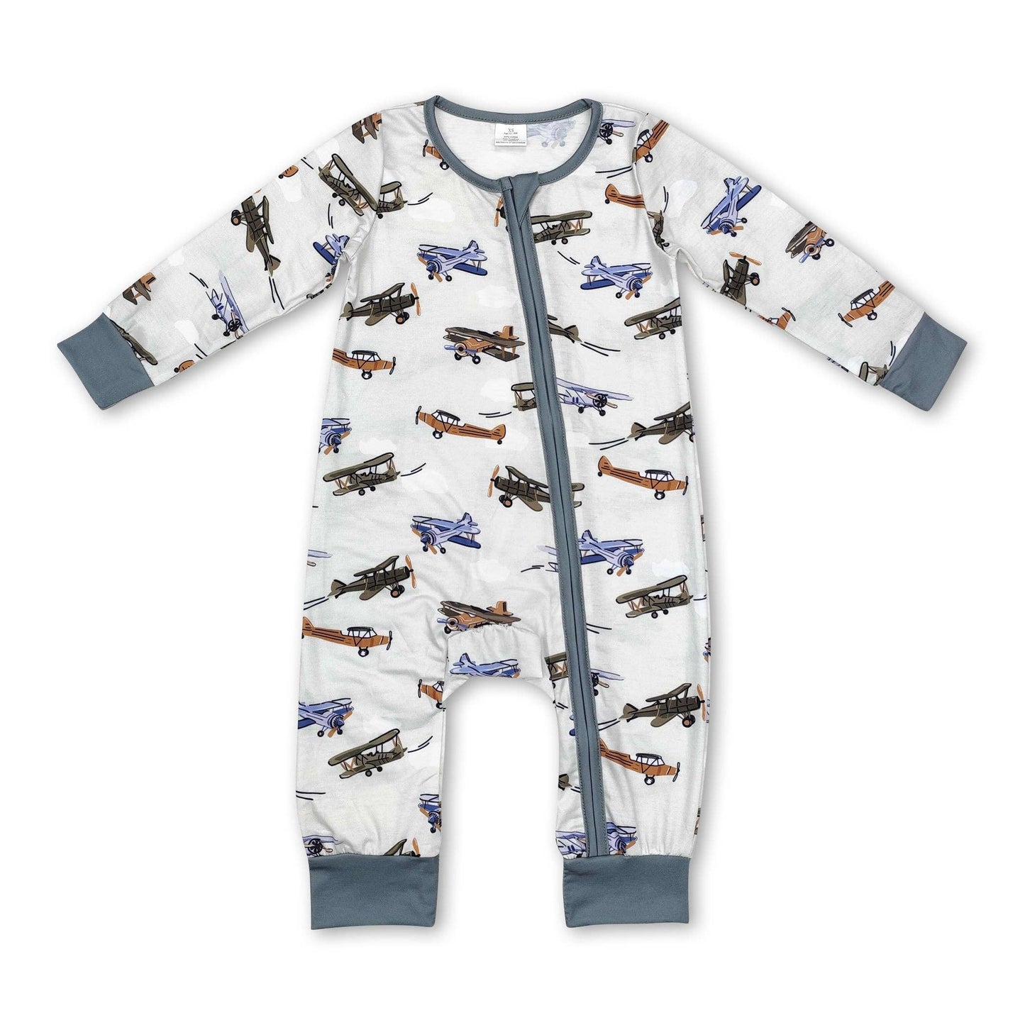 Long sleeves airplane baby boy bamboo zipper romper