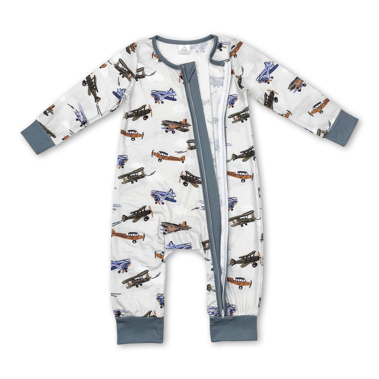Long sleeves airplane baby boy bamboo zipper romper