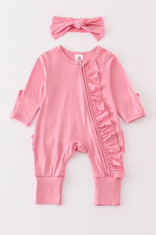 Pink Bamboo Ruffle Zipper 2pc Romper