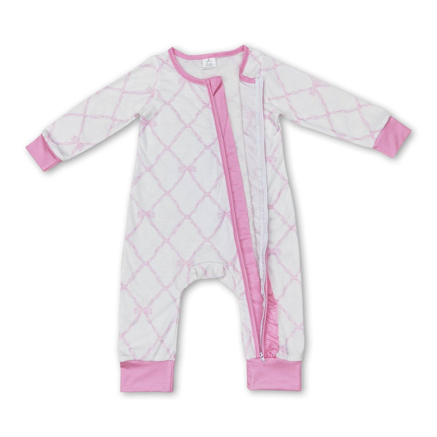 Pink long sleeves bow baby girls bamboo zipper romper