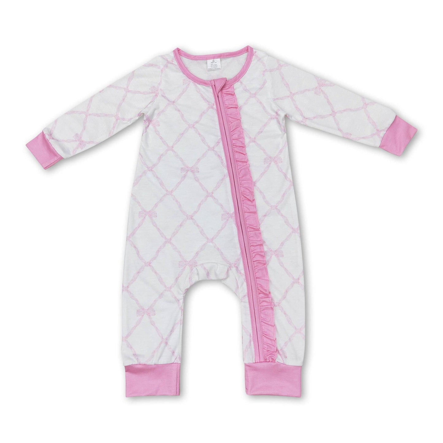 Pink long sleeves bow baby girls bamboo zipper romper