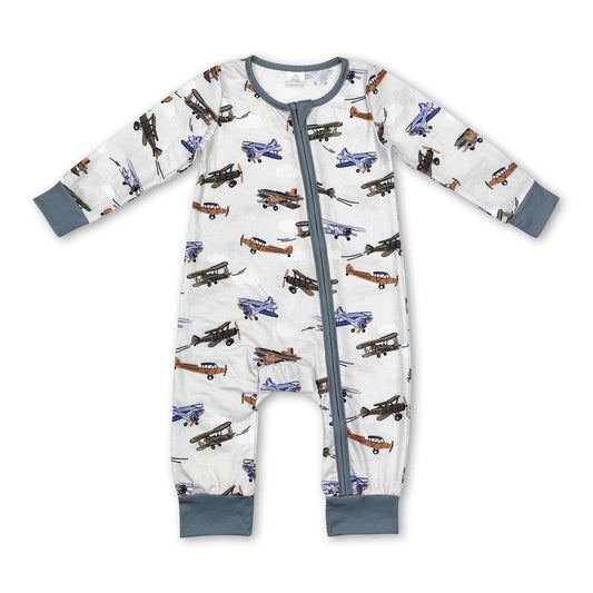 Long sleeves airplane baby boy bamboo zipper romper